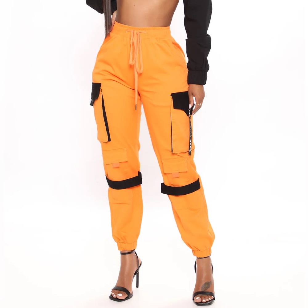 Can’t Get With You Cargo Pants - Orange and Black Track Pants with Utility Fit